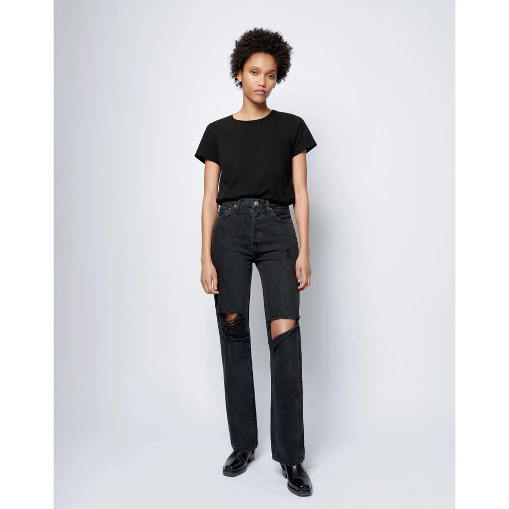 RE/DONE Washed Black High Rise Distressed Straight Leg Relaxed Fit Jeans sz 26